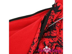  Obleček pro fenky – extra teplý zimní overal RED&BLACK od For My Dogs z voduodpuzujícího materiálu. Detail podšívky.