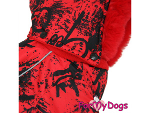  Obleček pro fenky – extra teplý zimní overal RED&BLACK od For My Dogs z voduodpuzujícího materiálu. Detail kapuce.