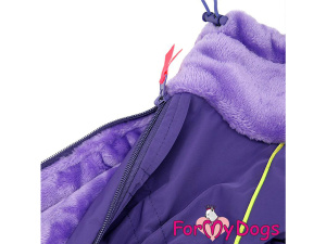  Nový typ zatepleného zimního oblečku pro fenky jezevčíků – teplý overal PURPLE od ForMyDogs, barva: fialová (detail límce a podšívky)
