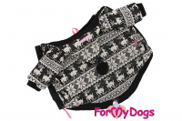 Obleček pro psy i fenky od FMD – teplá zimní bunda BLACK SCANDI ze žakárového úpletu s kožešinovou podšívkou. Zapínání na zip na bříšku, barva černo-bílá.