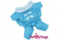 Obleček pro psy – teplý zimní overal BLUE LACING od ForMyDogs z voduodpuzujícího materiálu s kožešinovou podšívkou se sinteponem. Zapínání na druky na bříšku.