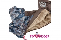 Obleček pro psy – teplý zimní overal BROWN CAMOUFLAGE od ForMyDogs. Vylepšené zapínání na zádech, odnímatelná kapuce, rukávy s vnitřní manžetou (2).