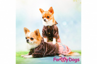 Obleček pro psy i fenky – overal BROWN/PINK od ForMyDogs z jemného veluru s kapucí a krásným třpytivým potiskem. (11)