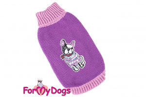 Obleček pro psy i fenky – stylový a teplý svetr PURPLE FRENCHIE od ForMyDogs. Materiál 100% akryl, zdobený aplikací s francouzským buldočkem. Barva fialová.