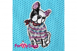 Obleček pro psy i fenky – stylový a teplý svetr TURQUOISE FRENCHIE od ForMyDogs. Materiál 100% akryl, zdobený aplikací s francouzským buldočkem. Barva tyrkysová. (3)