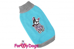 Obleček pro psy i fenky – stylový a teplý svetr TURQUOISE FRENCHIE od ForMyDogs. Materiál 100% akryl, zdobený aplikací s francouzským buldočkem. Barva tyrkysová.