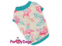  Stylové tričko pro psy i fenky FLAMINGO od For My Dogs. Materiál bavlna/PE, barva bílá s modrými lemy a barevným potiskem. (5)