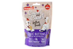  Vánoční Choc Buttons od ROSEWOOD – čokoládové bonbonky bez kakaa – bezpečné a lahodné pamlsky pro psy. Sladká sváteční pochoutka