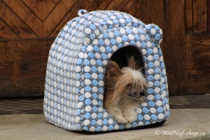 FOTO – Domeček/bouda pro psy i kočky v originálním puntíkovaném designu. Měkoučký příjemný materiál, vyjímatelný polštář (2).