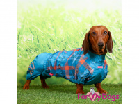   Obleček pro psy jezevčíků – lehoučká pláštěnka CHECKED od ForMyDogs. Zapínání na zip na zádech, zvýšený límec. Barva modrá se vzorem. (6)