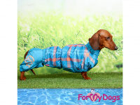   Obleček pro psy jezevčíků – lehoučká pláštěnka CHECKED od ForMyDogs. Zapínání na zip na zádech, zvýšený límec. Barva modrá se vzorem. (8)
