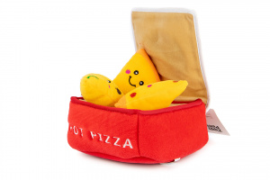  Plyšové hračky pro psy – krabice s pizzou a třemi plyšovými kousky pizzy