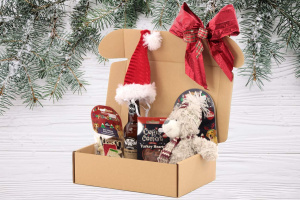 Luxusní Vánoční box pro psy s velkou plyšovou hračkou, stylovou čepičkou, nealko pivem pro psy a pamlsky. Včetně sváteční mašle. (2)