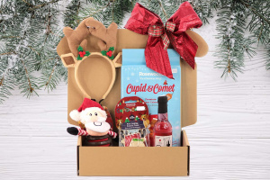 Luxusní Vánoční box pro psy s originální plyšovou hračkou, legračními sobími parohy, nealko vínem pro psy a pamlsky. Včetně sváteční mašle.