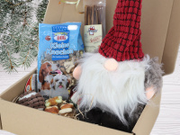  Vánoční box pro psy s vybranými pamlsky a hned dvěma hračkami – míčkem a velkým plyšovým skřítkem. BOX je kompletně připravený vánoční dárek pro vašeho čtyřnohého kamaráda. (3)