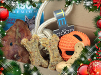  Vánoční box pro velké psy s vybranými pamlsky a hned dvěma hračkami. Kompletně připravený vánoční dárek – včetně sváteční mašle. (3)