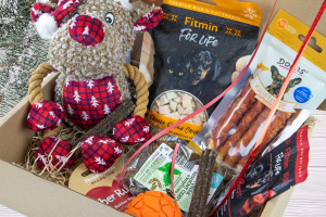  Vánoční dárkový box „SOB S VÁNOČNÍ ČEPIČKOU“ – plyšová pískací hračka, gumový míček a výběr oblíbených psích pamlsků v krásném dárkovém balení (2)