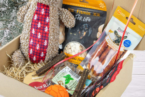  Vánoční dárkový box „VELKÝ PLYŠOVÝ SOB“ – plyšová pískací hračka, gumový míček a výběr oblíbených psích pamlsků v krásném dárkovém balení (2)