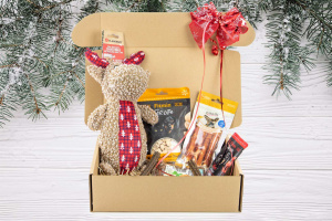  Vánoční dárkový box „VELKÝ PLYŠOVÝ SOB“ – plyšová pískací hračka, gumový míček a výběr oblíbených psích pamlsků v krásném dárkovém balení
