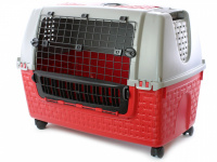  Extra velká přepravka – BOX pro psy od CAMON. Snadná manipulace díky odnímatelným kolečkám, rozměry 88 × 52 × 60 cm. Barva šedo-červená. (4)