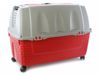 Extra velká přepravka – BOX pro psy od CAMON. Snadná manipulace díky odnímatelným kolečkám, rozměry 88 × 52 × 60 cm. Barva šedo-červená.