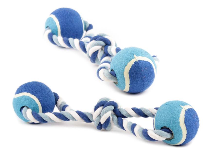 Odolná přetahovací hračka pro psy vyrobená z pevného provazu a tenisových míčků.