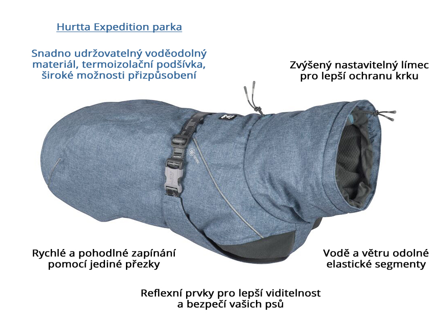   HURTTA – Outdoorový zimní obleček pro psy pro jejich dokonalý teplotní a pocitový komfort. Voděodolný a snadno udržovatelný materiál, termoizolační podšívka, 3M reflexní prvky. Barva modrá – borůvková.