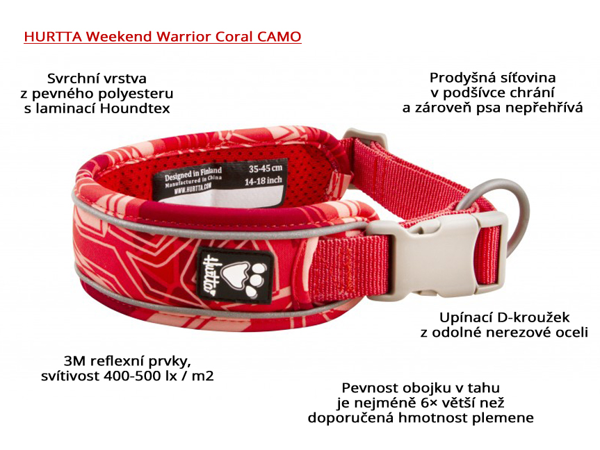 Obojek pro psy Hurtta Weekend Warrior CAMO červený, infografika