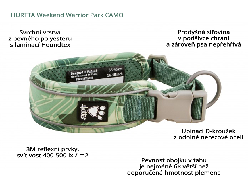 Obojek pro psy Hurtta Weekend Warrior CAMO zelený, infografika