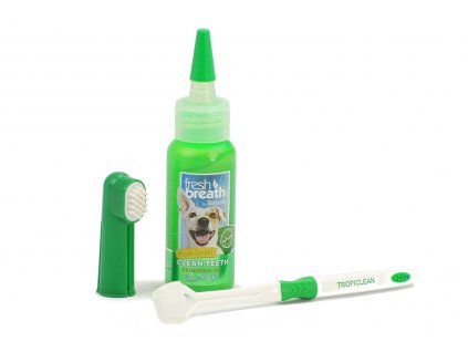 Oral Kit Small – sada na čištění zubů psů kartáčkem, která obsahuje gel na čištění zubů, kartáček na prst a kartáček s trojitou hlavou.
