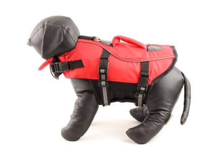 Jednoduchá plovací vesta pro psy vyrobená z pevných a odolných materiálů. Sytě červená pro dobrou viditelnost, zapínání na přezky a suchý zip.