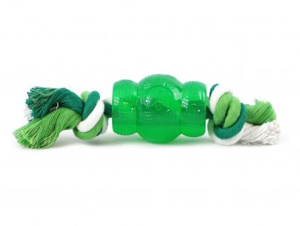 Kousací hračka pro psy – soudek z „nezničitelné“ gumy s provlečeným provazem s vůní a příchutí máty