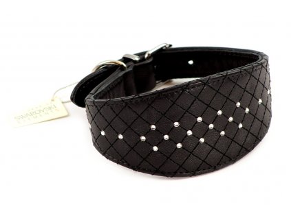 Luxusní obojek pro chrty a psy s citlivým krkem BOBBY Luxury Leather z pevné černé kůže zdobený krystaly SWAROVSKI.