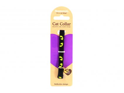 Stylový obojek pro kočky ROSEWOOD z černého semiše se žlutými reflexními prvky. Bezpečnostní plastová spona, univerzální velikost.