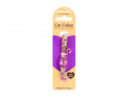Stylový obojek pro kočky ROSEWOOD s fialovým květinovým vzorem a reflexními prvky. Bezpečnostní plastová spona, univerzální velikost.