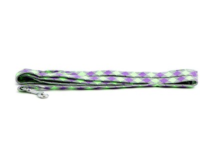 Extra lehké stopovací vodítko pro psy z plochého nylonu s pochromovanou karabinou. Délka 5 m, šířka popruhu 13 mm, karabina 7 cm, barva zeleno-fialová.