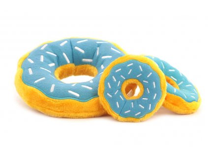 Hračka pro psy – plyšový donut. Příjemný hebký materiál, výběr velikostí, barva modrá/žlutá.