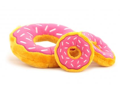 Oblíbená hračka pro psy – plyšový donut. Příjemný hebký materiál, výběr velikostí, barva růžová/žlutá.
