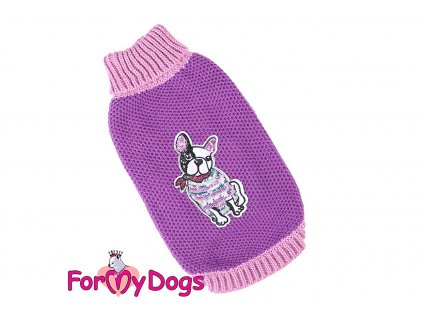 Obleček pro psy i fenky – stylový a teplý svetr PURPLE FRENCHIE od ForMyDogs. Materiál 100% akryl, zdobený aplikací s francouzským buldočkem. Barva fialová.