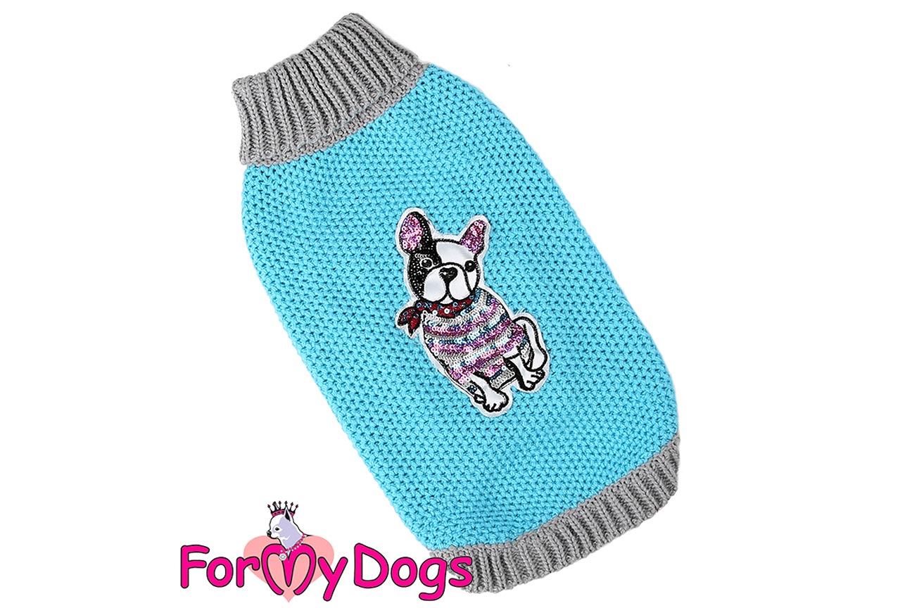 FOR MY DOGS Obleček pro psy – svetr TURQUOISE FRENCHIE, tyrkysový 10/XS–12/S