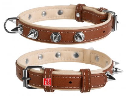Plochý kožený obojek Soft s ostny hnědo béžový (Obvod krku délka: 30 - 39 cm, šířka: 20 mm)