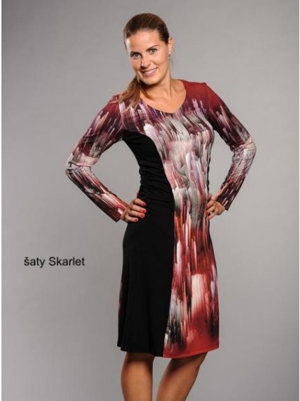 Dámské šaty Skarlet, dlouhý rukáv (Barva vínová abstrakce s černými boky, Velikost 48 / XXXL)
