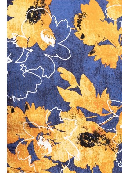 Viskóza tisk - žlutooranžové květy na inkoustově modré, prémiová kvalita
