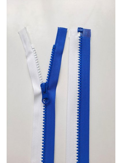 Dlouhý zip dělitelný bílá/modrá - středně hrubý 70 cm, zuby 6 mm
