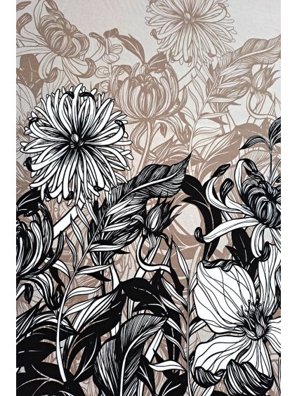 Viskóza tisk - černobílé květy na béžové, raport 75 cm, panel