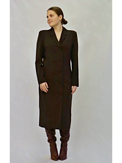 Dámské propínací šaty s klopami, jemný proužek hnědá