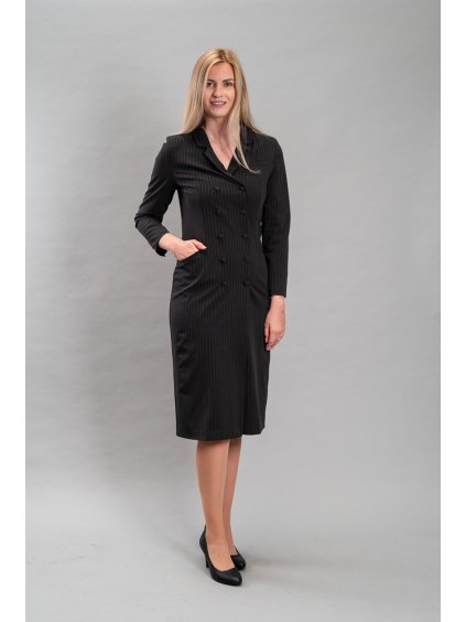 Dámské propínací šaty s klopami, jemný proužek grafit