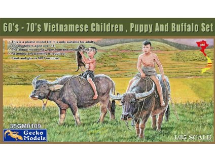 35GM0109 60's 70's Vietnamese Children, Puppy and Buffalo