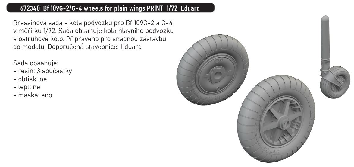 1/72 Bf 109G-2/G-4 wheels for plain wings PRINT (EDUARD)