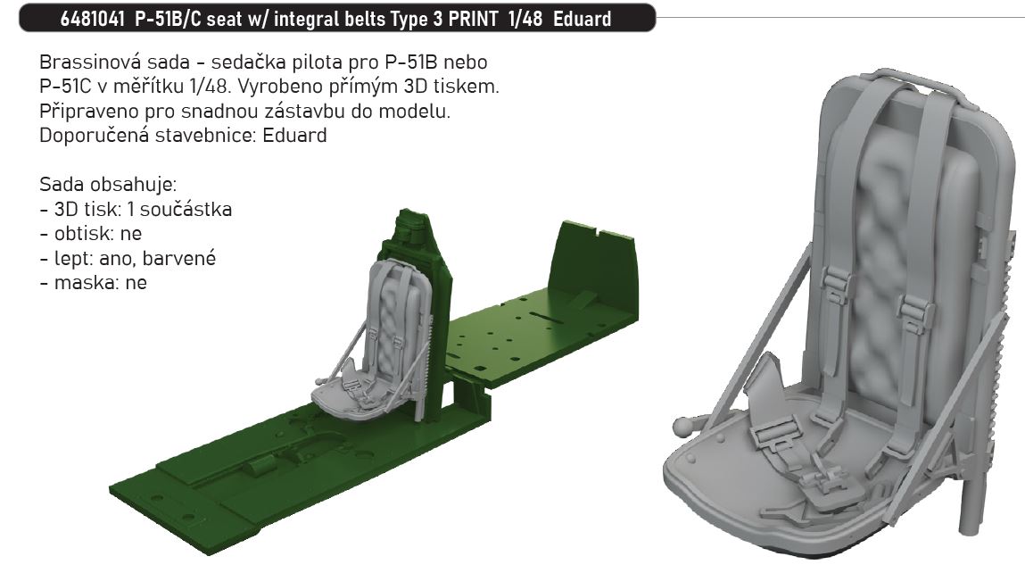 Fotografie 1/48 P-51B/C seat w/ integral belts Type 3 PRINT (EDUARD)